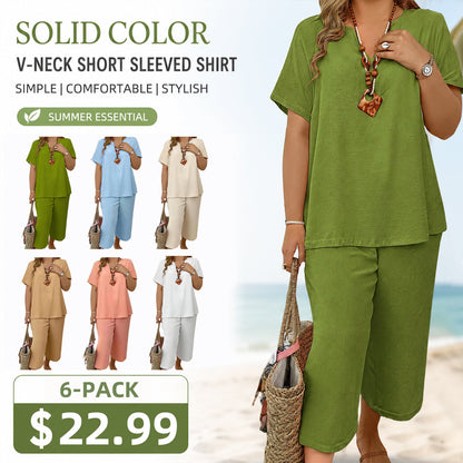 🔥Great Deals丨Women Solid V-Neck Short Sleeve Top & Wide Leg Pants 2-Piece Loungewear Set