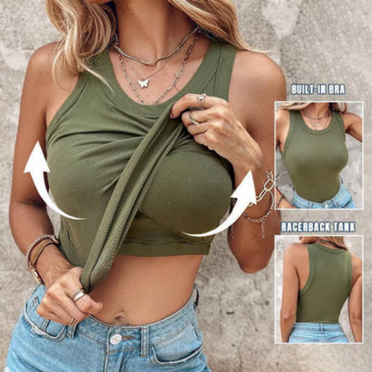 This Week's Special Price🍃Round Neck Ribbed Built-In Bra Tank Top | All-Day Support Casual Comfort Camisole, No Bra Needed💥