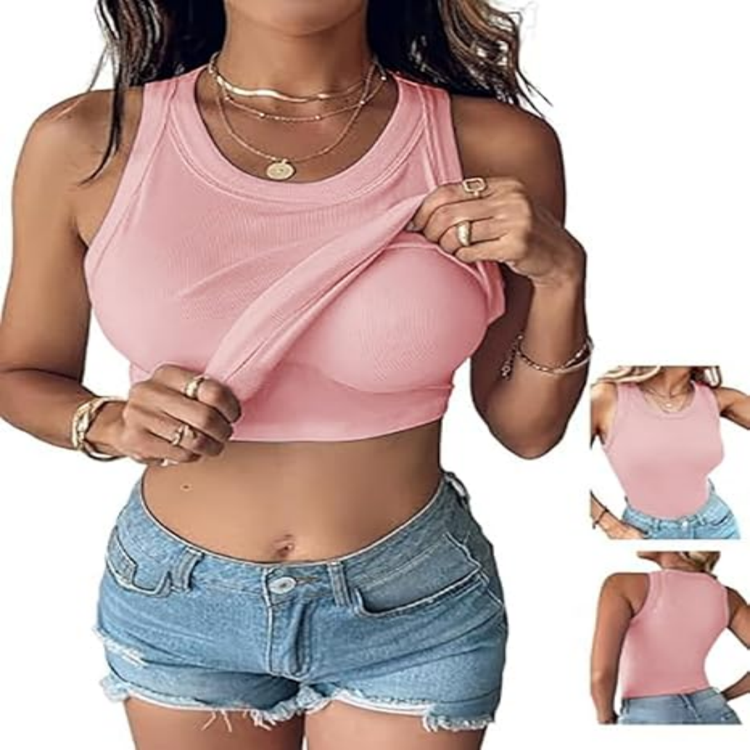 This Week's Special Price🍃Round Neck Ribbed Built-In Bra Tank Top | All-Day Support Casual Comfort Camisole, No Bra Needed💥